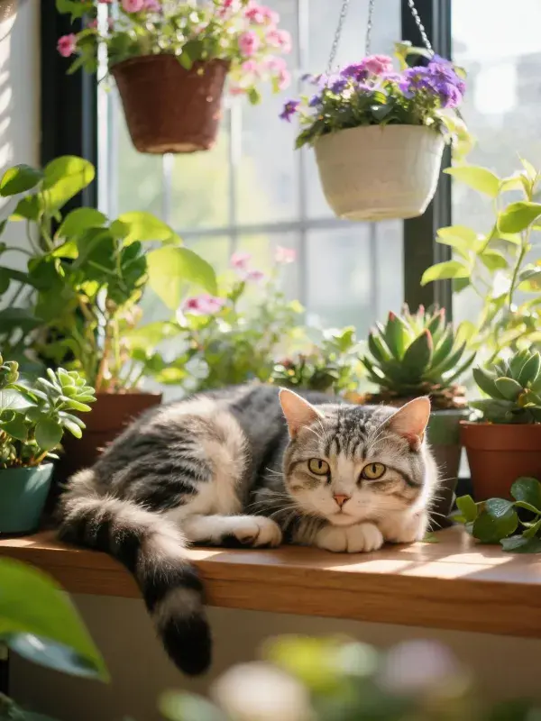 阳光明亮的窗台猫与花卉场景