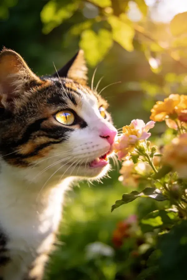 三色短毛家猫嗅闻花园花卉
