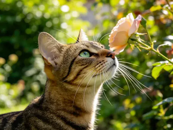 阳光下花园中短毛虎斑猫嗅玫瑰特写