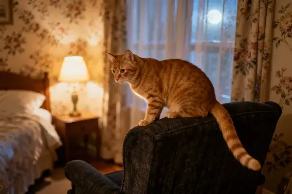 橘色短毛虎斑猫坐在深色扶手椅上