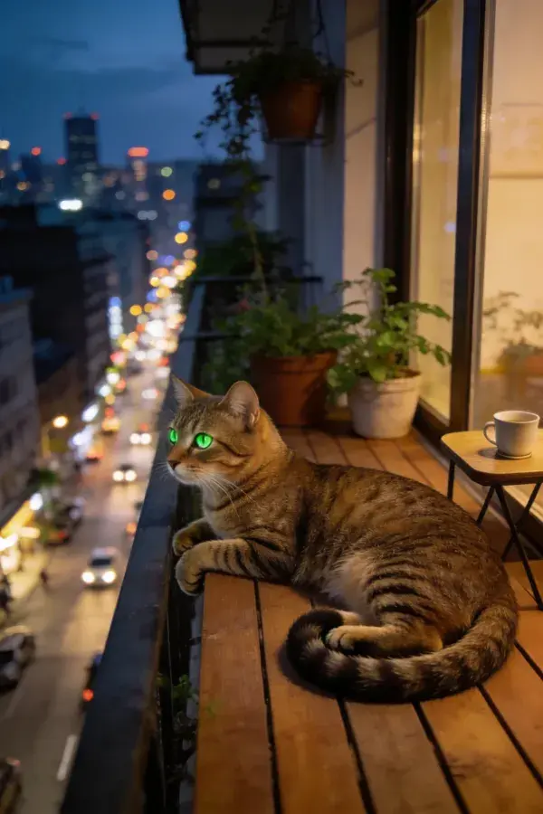 阳台木质平台上虎斑猫的特写