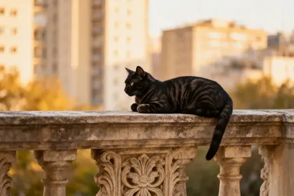 石栏杆上的短毛虎斑猫