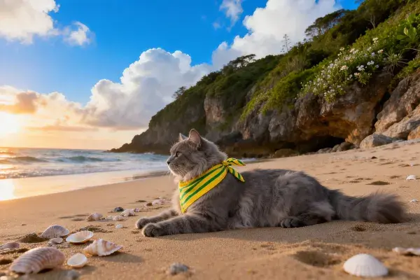 海滩岩石旁的长毛灰猫