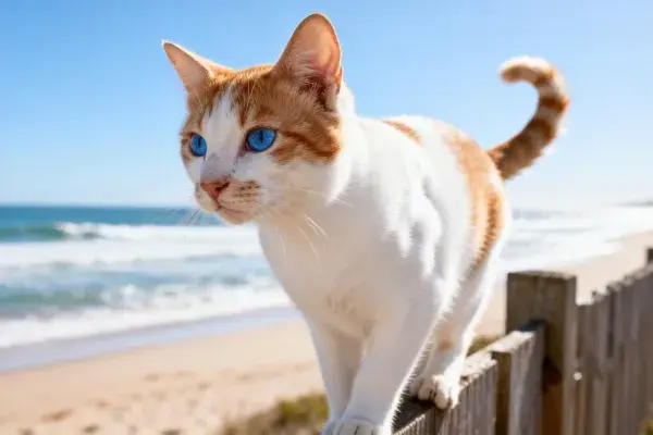 海滩木栅栏上的橙白短毛猫