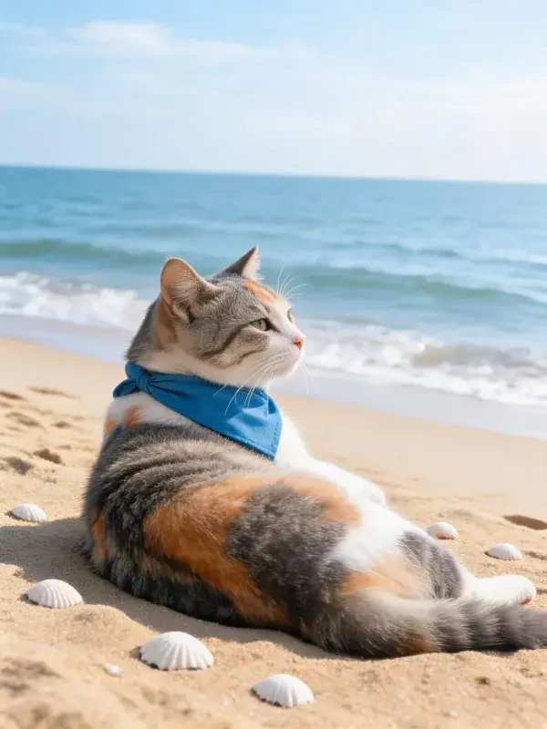 沙滩上的三色猫与海滩场景