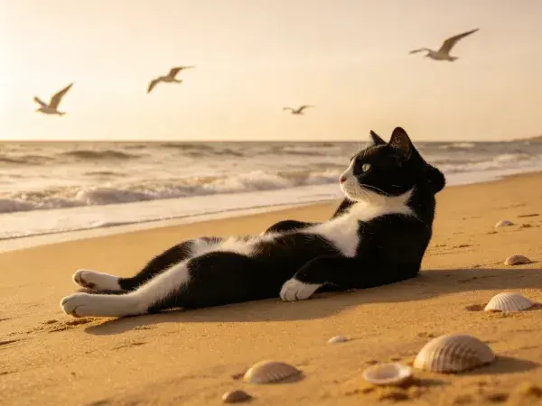 沙滩上黑白短毛家猫休憩场景