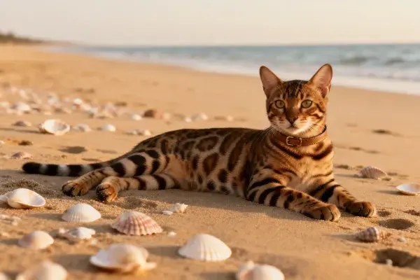 沙滩上孟加拉猫与贝壳的场景