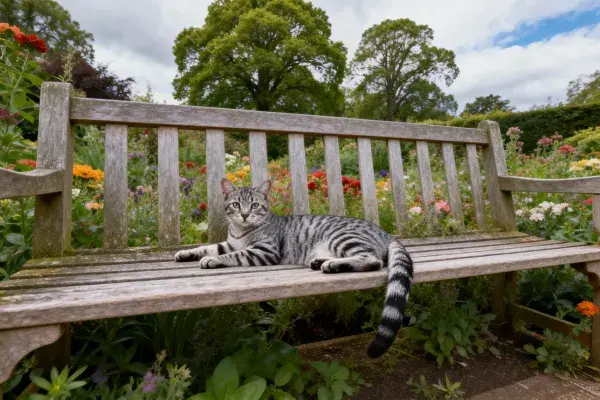 花园长椅上的短毛虎斑猫