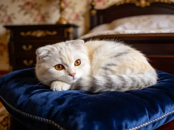 复古卧室中蓝眼睛苏格兰折耳猫