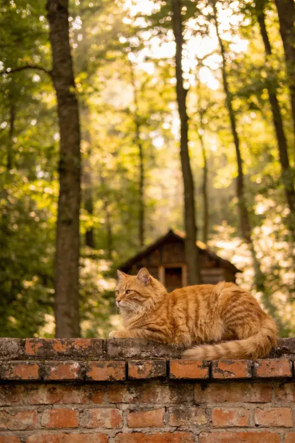 砖墙上的橘色短毛家猫