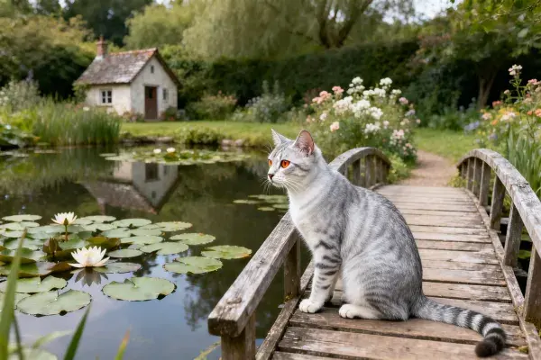 花园池塘边的银虎斑猫