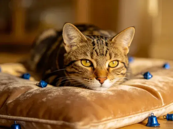 阳光下短毛虎斑猫趴在软垫上场景