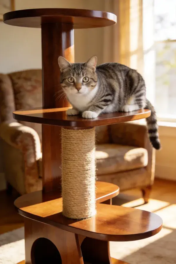 短毛虎斑猫栖息在猫爬架上