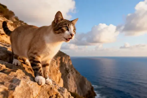 短毛虎斑猫凝望海景的瞬间