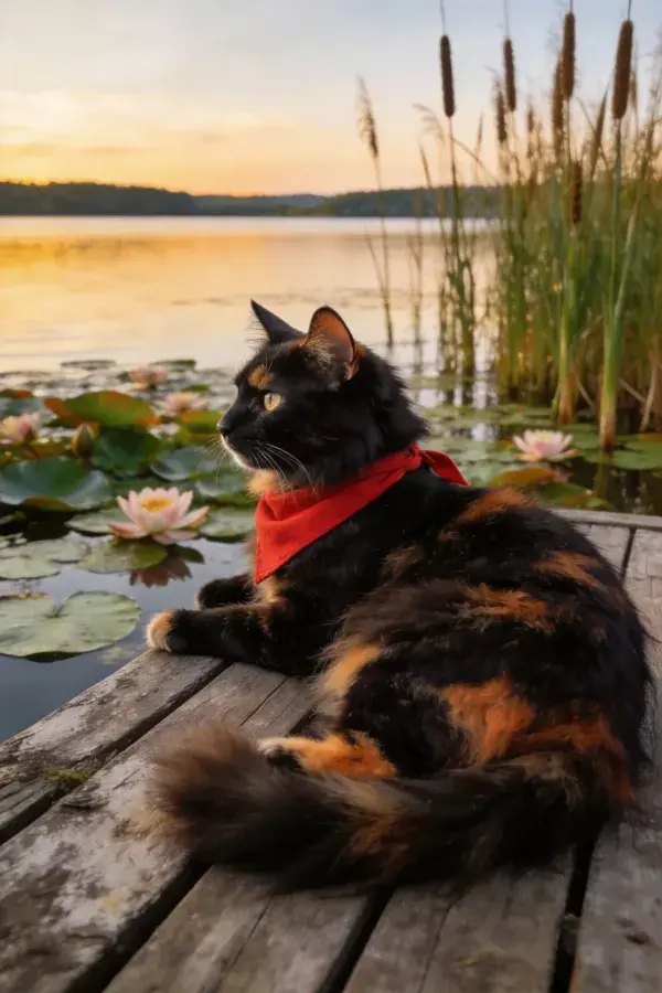 三色短毛猫倚木栈道眺望湖景