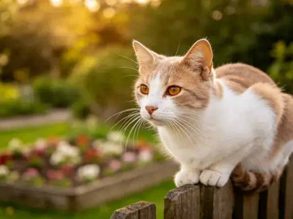 橙白相间短毛家猫倚靠木栅栏
