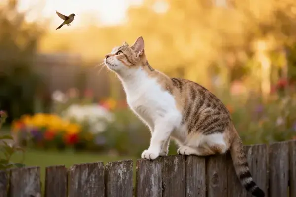 短毛虎斑猫在花园木栅栏上的观察瞬间