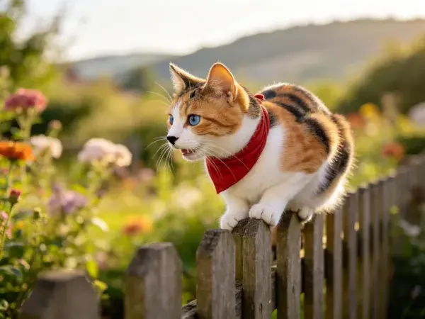 木栅栏上戴红围巾的三色家猫