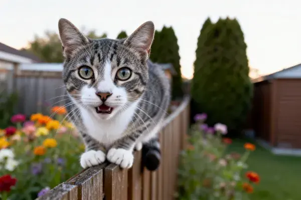 灰虎斑短毛猫爬越木栅栏