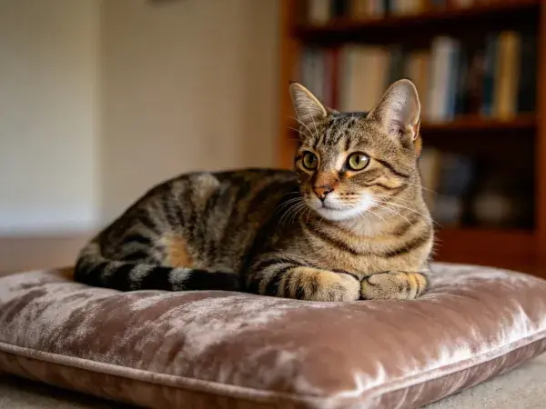 室内绒布软垫上的短毛虎斑猫特写
