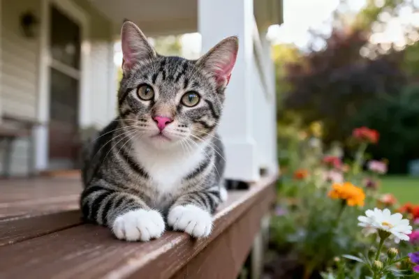 木廊边短毛虎斑猫的观察瞬间
