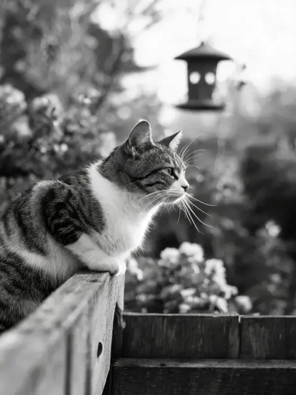 露天花园中短毛虎斑猫的探望姿态