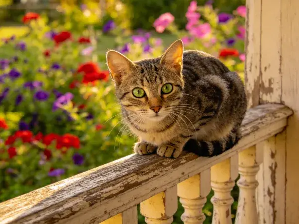 花园木栏杆上的短毛虎斑猫