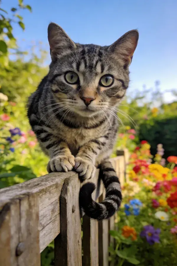 短毛虎斑家猫倚木栅栏眺望