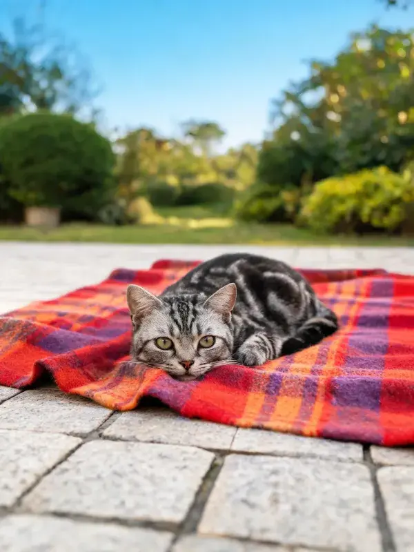 庭院石板地上的玳瑁斑纹短毛猫
