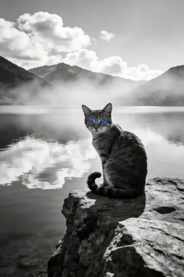 短毛家猫湖边岩石处坐立眺望