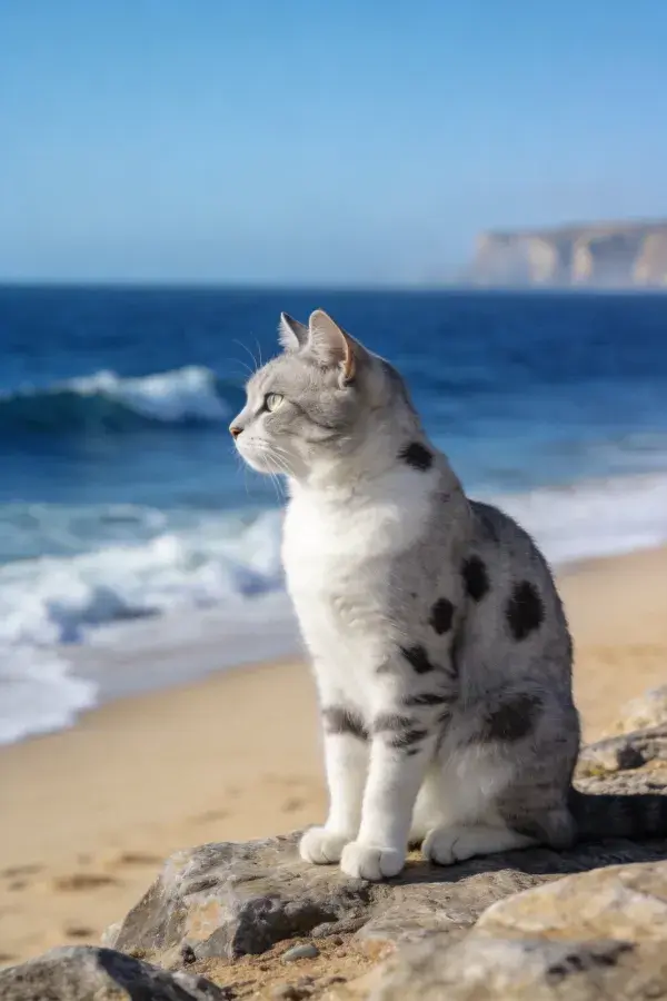 海滩岩石上的斑点短毛家猫眺望大海