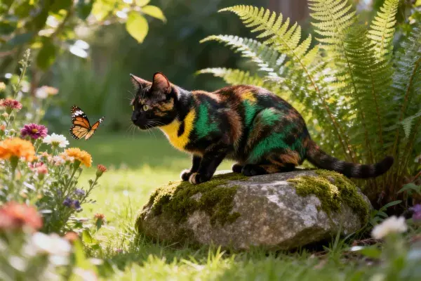 花园苔藓岩石上的彩绘猫与蝴蝶场景