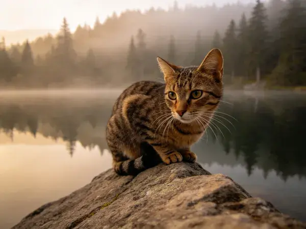湖边岩石上的短毛虎斑猫