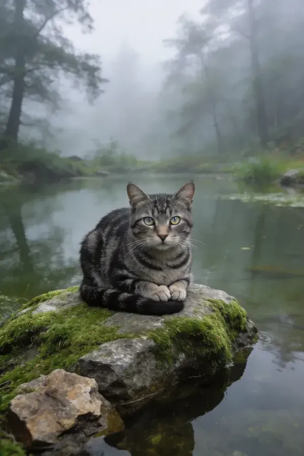 虎斑短毛家猫静卧苔藓岩石之上