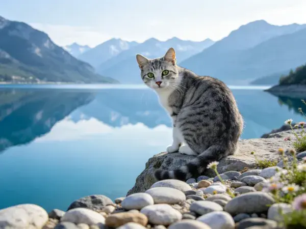 露天岩石旁的灰虎斑短毛猫