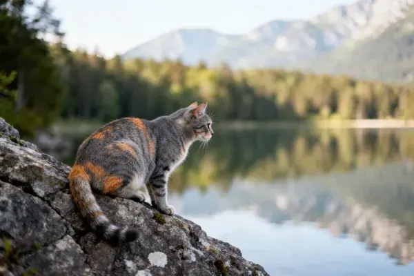 露天湖畔岩石上的短毛玳瑁猫