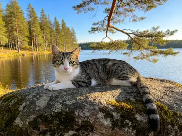 湖畔岩石上的灰白短毛家猫