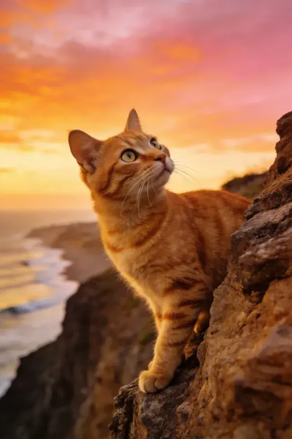 海岸悬崖上的橘色短毛家猫