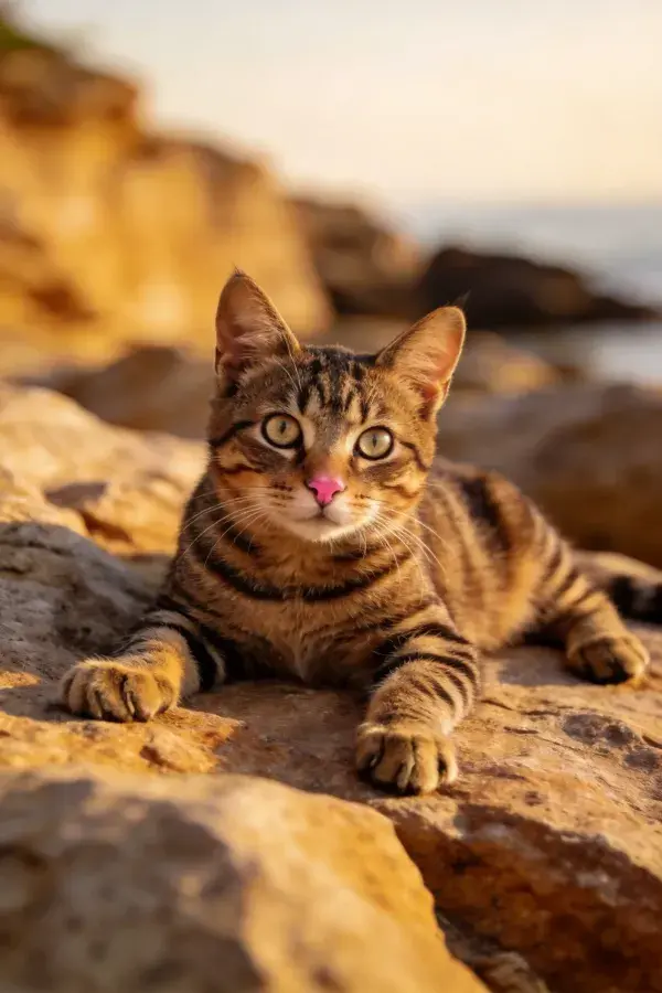 露天岩石上的短毛虎斑猫