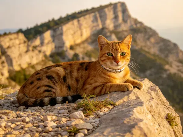 孟加拉猫斜卧山崖边缘