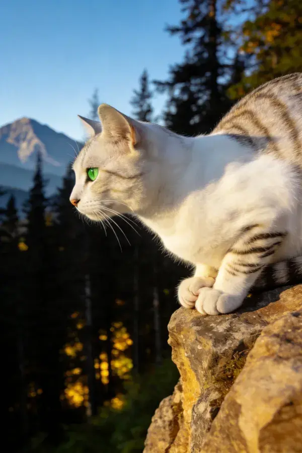 山林岩石上的银虎斑短毛猫