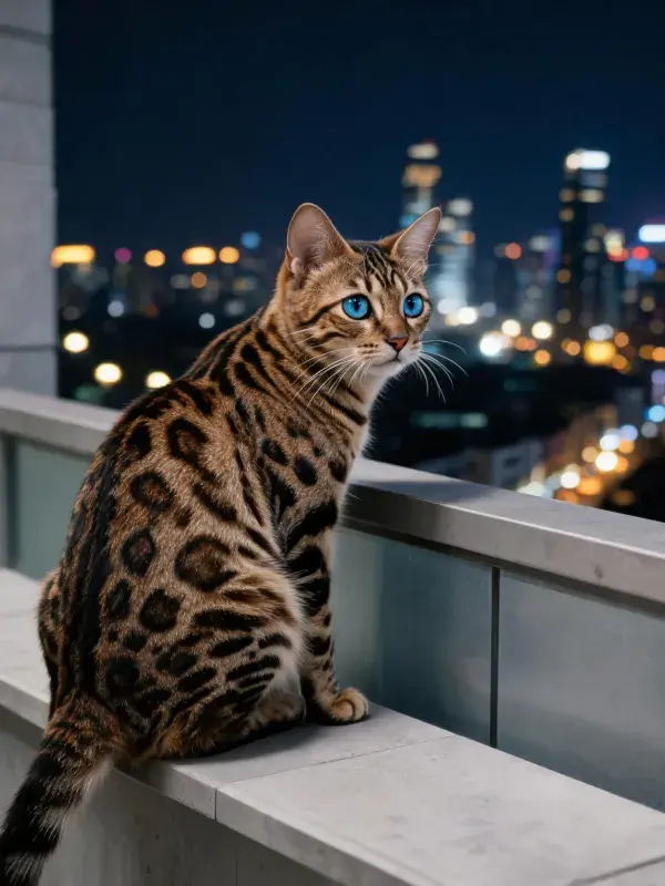 孟加拉豹猫坐在阳台栏杆上的状态