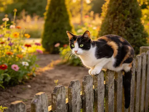 花园木栅栏上的三色短毛家猫
