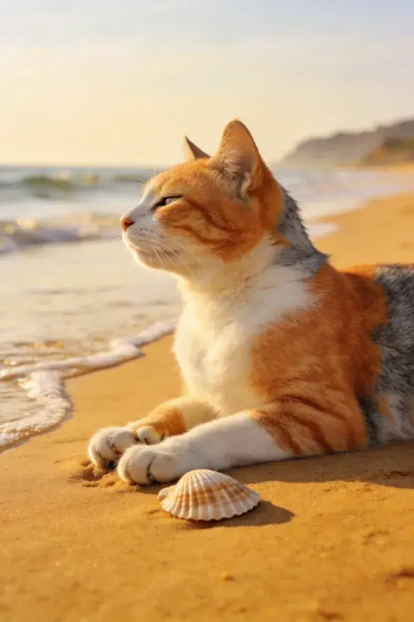 三色短毛家猫卧沙滩观海