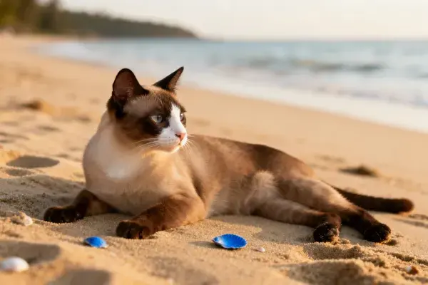 沙滩上的暹罗猫与海滩景致