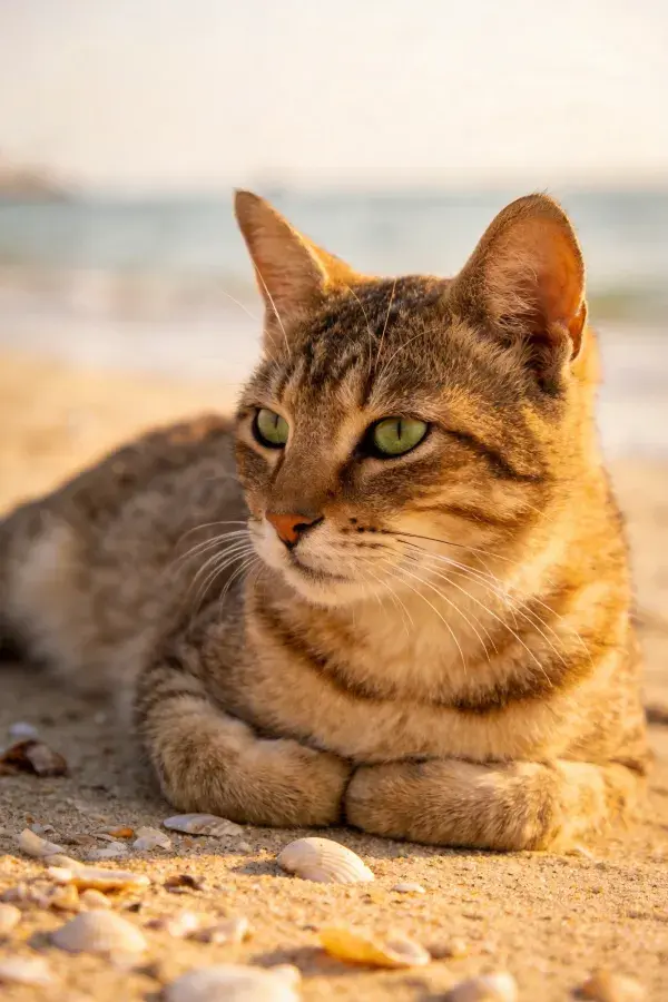 阳光沙滩上的短毛家猫