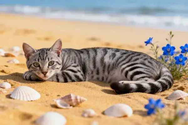 沙滩上休息的短毛虎斑猫