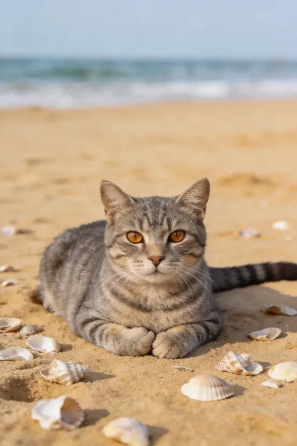 沙滩沙地上的短毛虎斑猫休憩
