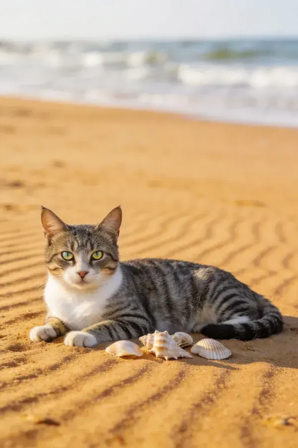 海滩沙地上的灰白相间虎斑短毛猫