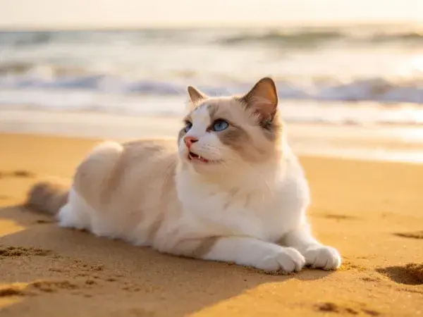 沙滩上蓝眼睛的布偶猫